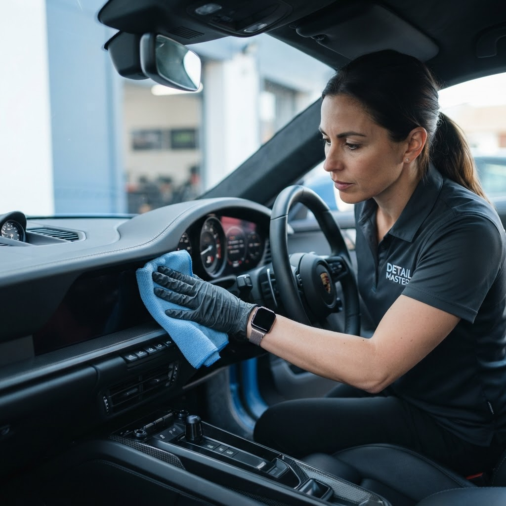 Professional detailer cleaning a vehicle interior