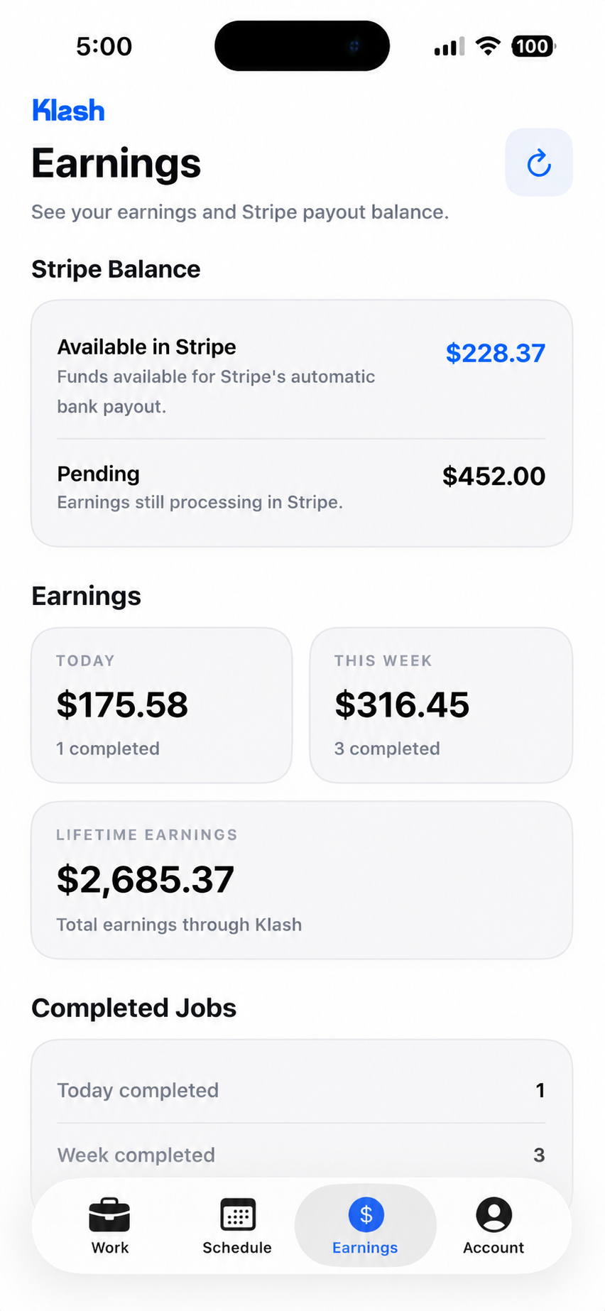 Klash detailer earnings dashboard
