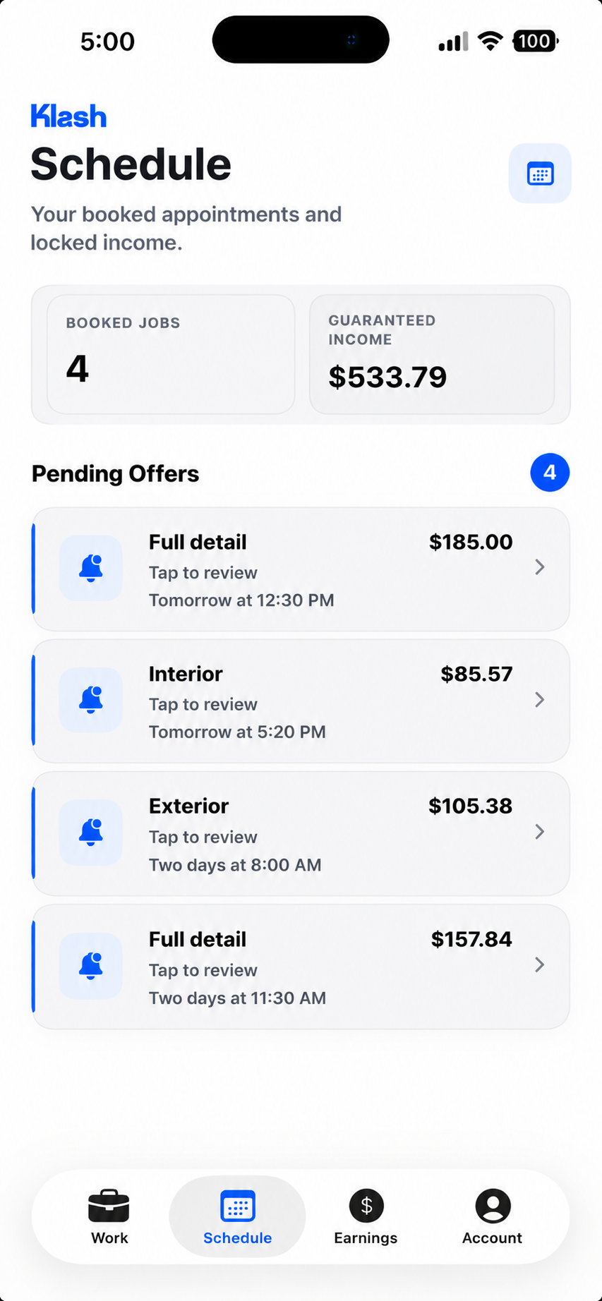 Klash detailer schedule showing booked jobs